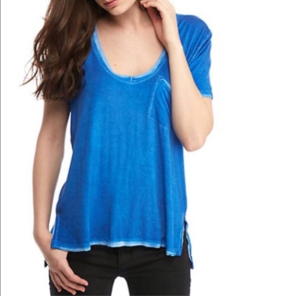 Free People Rising Sun Short Sleeve T Shirt V Neck High Low Hem Blue Size XS NWT - Picture 16 of 16
